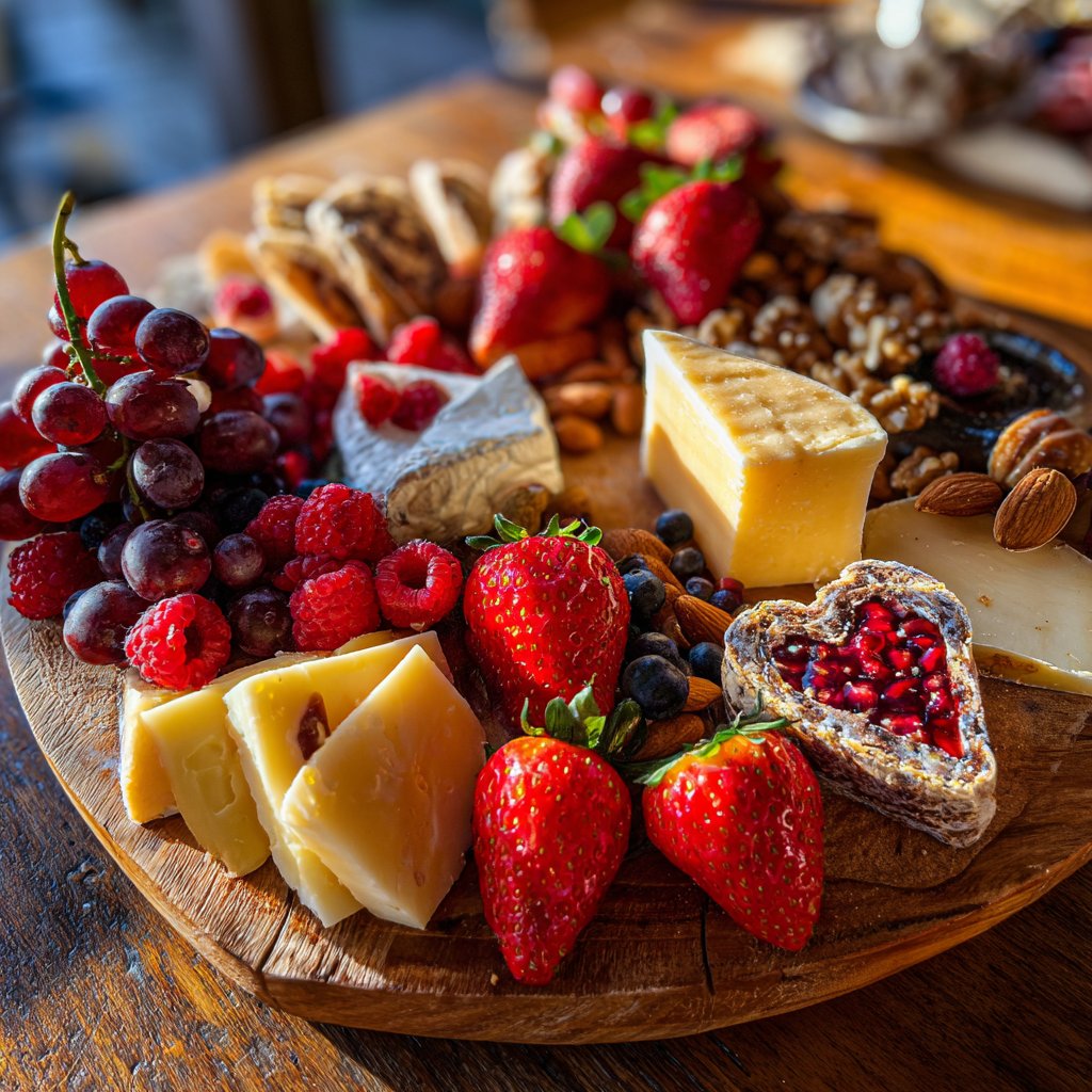 Valentines Charcuterie Board with Cheese and Fruit