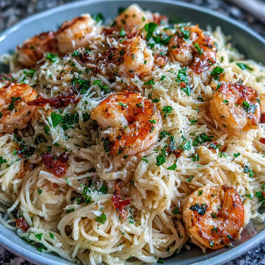 Angel Hair Pasta With Garlic Cream Shrimp